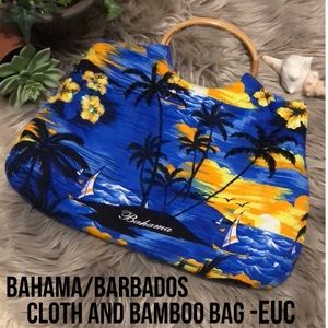 Bahama/Barbados Cloth Bag with Bamboo Handles-15x10-Blue/Black/Orange-EUC